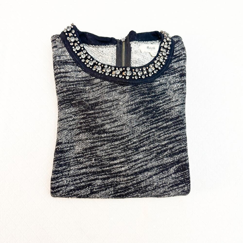 Madewell Embellished Jewel Crew Neck Heather Gray Woven Top Size S
